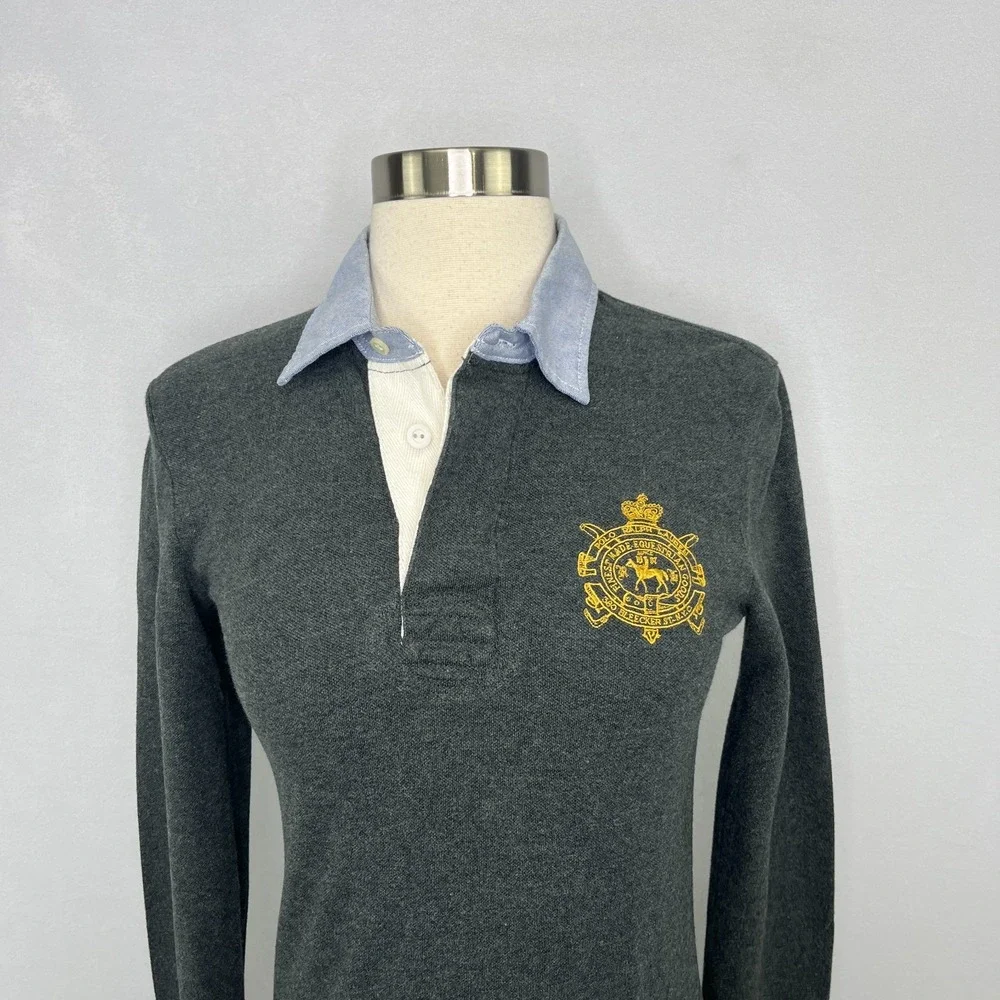 Vintage Ralph Lauren Shirt Dress Crest Cotton Polo L/S Size S Gray Y2K Preppy